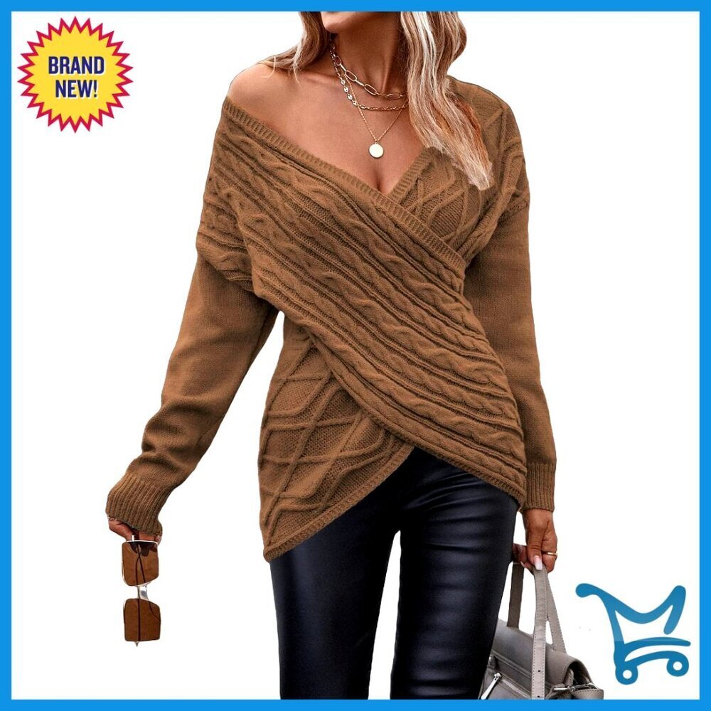 V Neck Cable Knit Pullover Sweater Cross Wrap Front Long Sleeve Casual